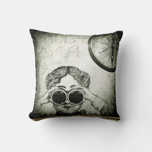 Steampunk design woman with binocular black white  throw pillow