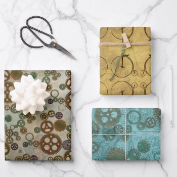 Steampunk Designs Gears Bicycles Patterned Wrapping Paper Sheets by PartyPrep at Zazzle
