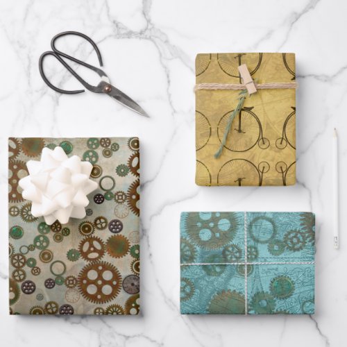 Steampunk Designs Gears Bicycles Patterned Wrapping Paper Sheets