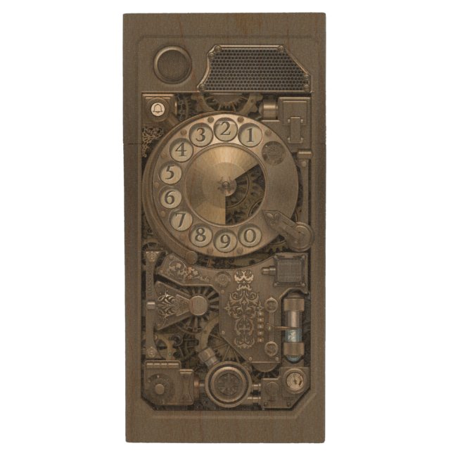 Steampunk Device - Rotary Dial Phone. Wood Flash Drive (Front Vertical)
