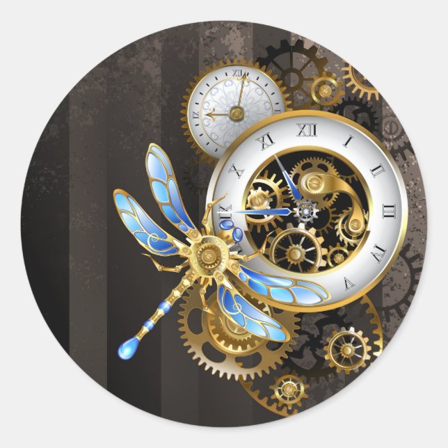 Steampunk Dials with Dragonfly Classic Round Sticker (Front)