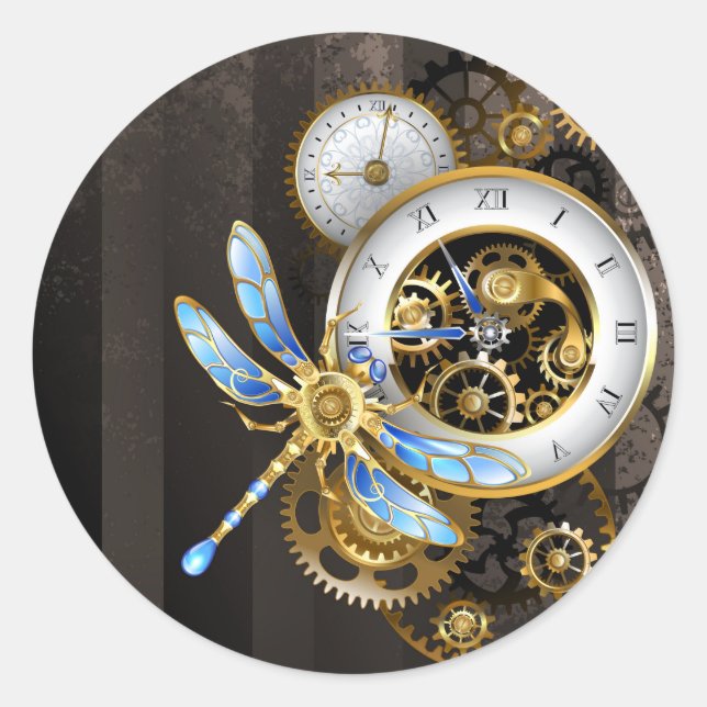 Steampunk Dials with Dragonfly Classic Round Sticker (Front)
