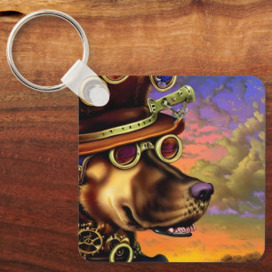 Steampunk Digital Art Dog Portrait   Keychain