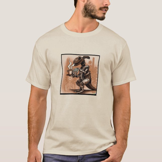 Steampunk Dino Drinking Coffee Shirt (Front)