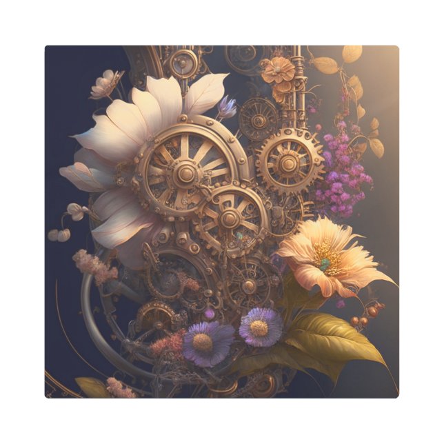 Steampunk Door with Purple Flowers Metal Print (Front)