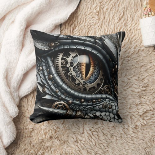 Steampunk Dragon Eye Closeup Ai Art Throw Pillow