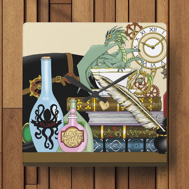 Steampunk Dragon Magic Potions Fantasy Alchemy Square Wall Clock (Creator Uploaded)