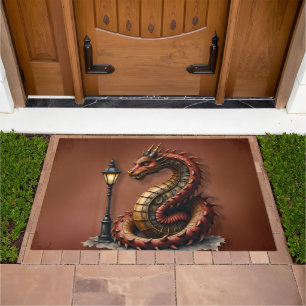 Steampunk Dragon next to a vintage street lamp. Doormat