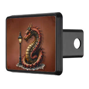 Steampunk Dragon next to a vintage street lamp.  Hitch Cover