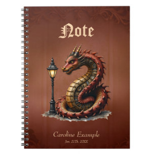Steampunk Dragon next to a vintage street lamp. Notebook