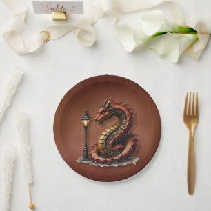 Steampunk Dragon next to a vintage street lamp. Paper Plates