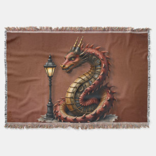 Steampunk Dragon next to a vintage street lamp. Throw Blanket