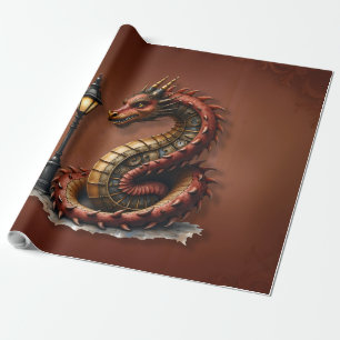 Steampunk Dragon next to a vintage street lamp. Wrapping Paper