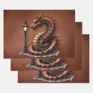 Steampunk Dragon next to a vintage street lamp. Wrapping Paper Sheets