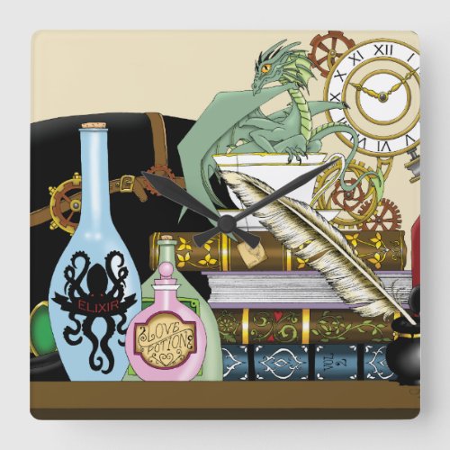 Steampunk Dragon Potions Books Square Wall Clock