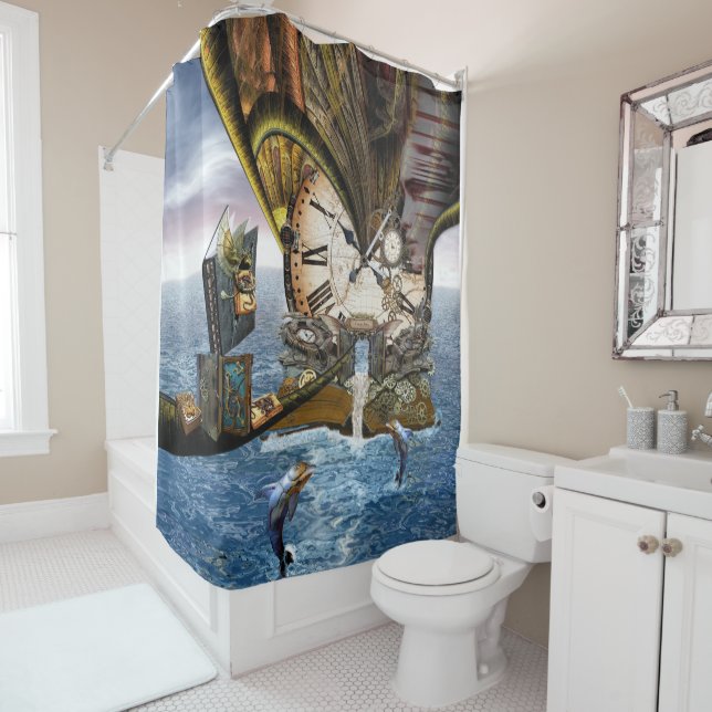 Steampunk dragon story book shower curtain (In Situ)
