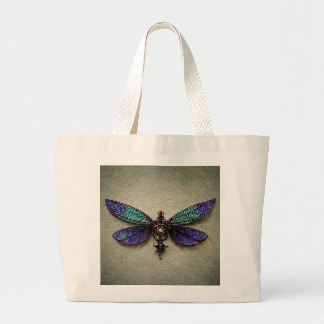 Steampunk Dragonflies Blue Green Purple Large Tote Bag (Front)