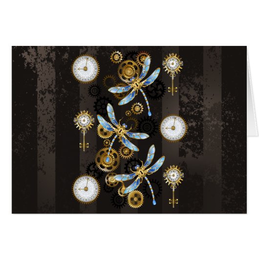 Steampunk Dragonflies on brown striped background (Front Horizontal)