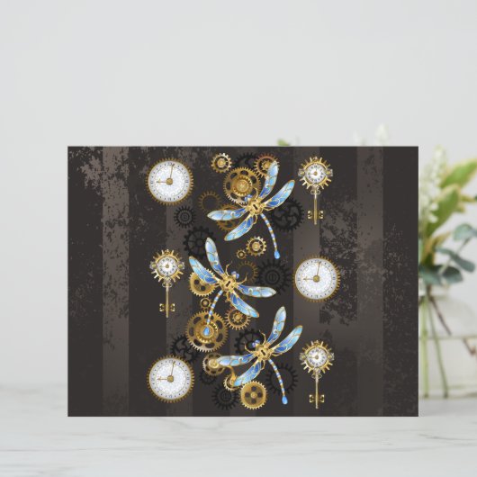 Steampunk Dragonflies on brown striped background (Standing Front)