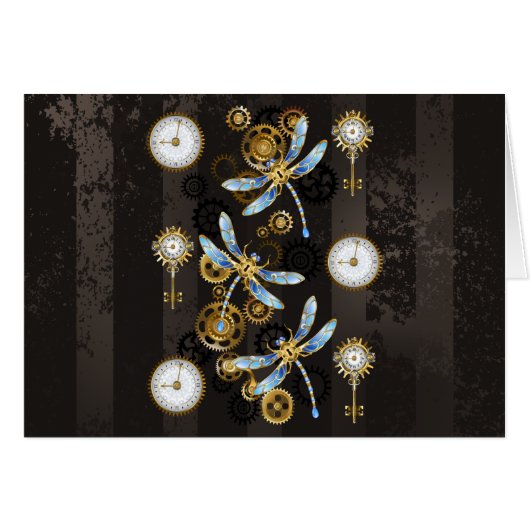 Steampunk Dragonflies on brown striped background (Front Horizontal)
