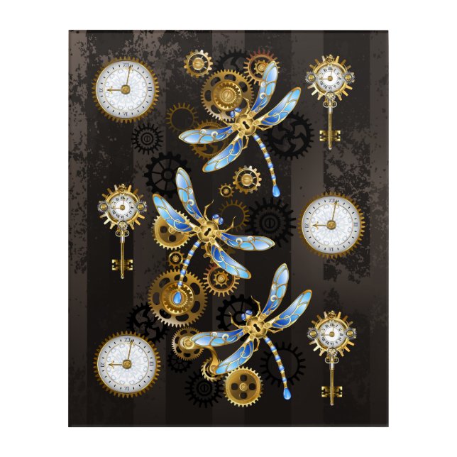 Steampunk Dragonflies on brown striped background Acrylic Print (Front)
