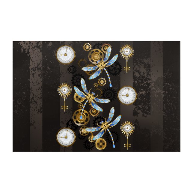 Steampunk Dragonflies on brown striped background Acrylic Print (Front)