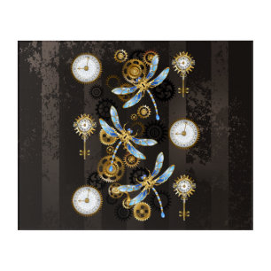 Steampunk Dragonflies on brown striped background Acrylic Print