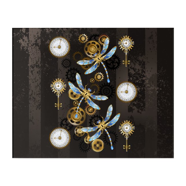 Steampunk Dragonflies on brown striped background Acrylic Print (Front)