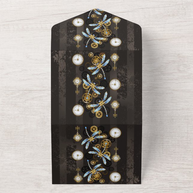 Steampunk Dragonflies on brown striped background All In One Invitation (Outside)