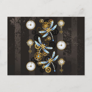 Steampunk Dragonflies on brown striped background Announcement Postcard