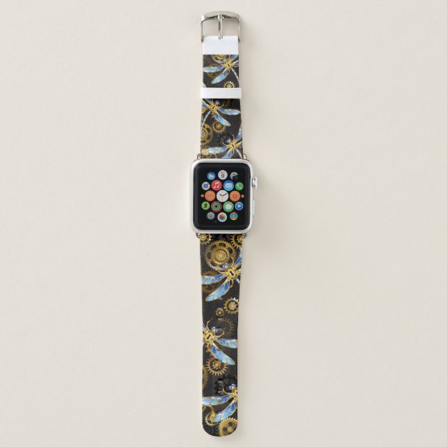 Steampunk Dragonflies on brown striped background Apple Watch Band (Front)