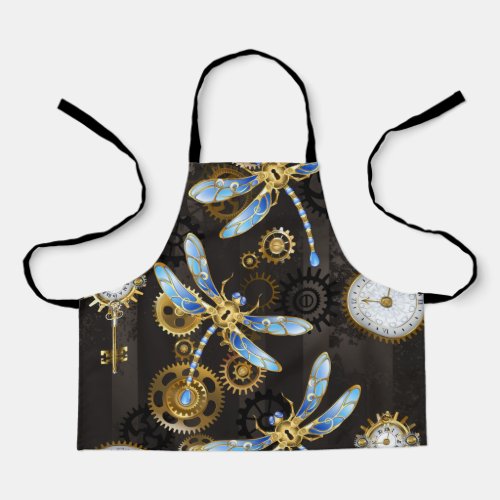 Steampunk Dragonflies on brown striped background Apron