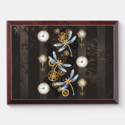 Steampunk Dragonflies on brown striped background Award Plaque