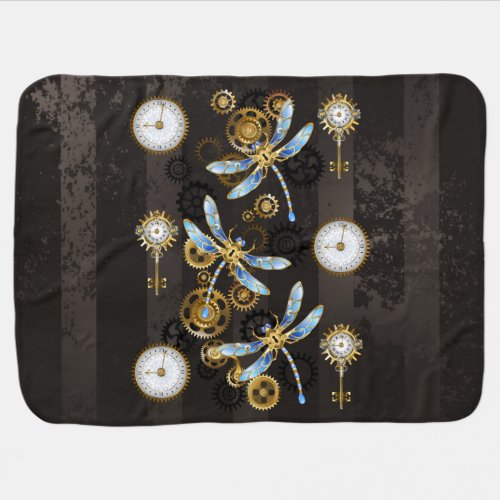 Steampunk Dragonflies on brown striped background Baby Blanket