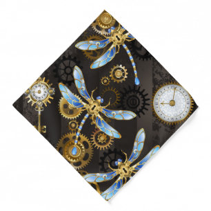 Steampunk Dragonflies on brown striped background Bandana