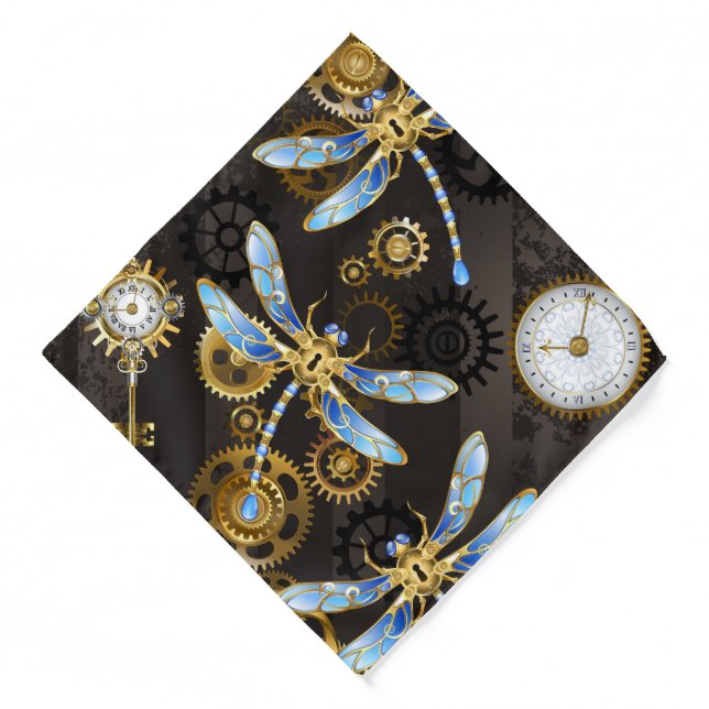Steampunk Dragonflies on brown striped background Bandana (Front)