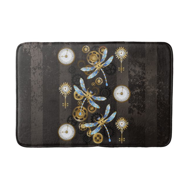Steampunk Dragonflies on brown striped background Bath Mat (Front)