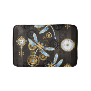 Steampunk Dragonflies on brown striped background Bath Mat