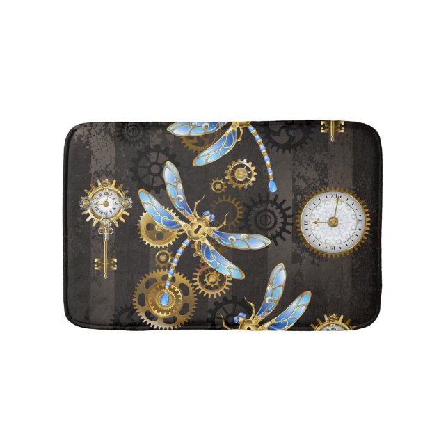 Steampunk Dragonflies on brown striped background Bath Mat (Front)