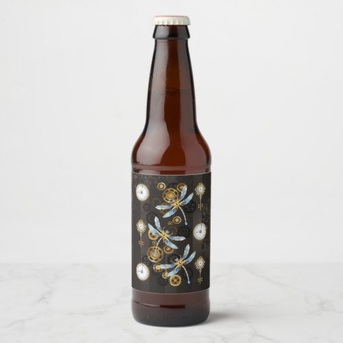 Steampunk Dragonflies on brown striped background Beer Bottle Label