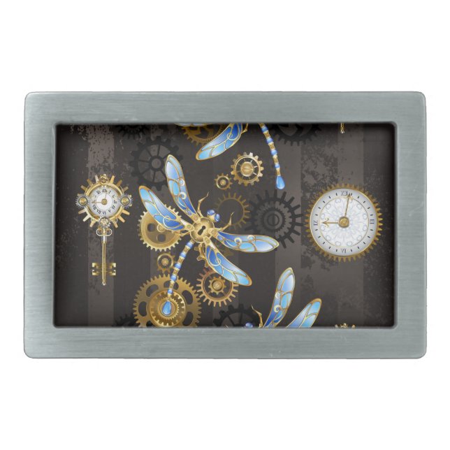 Steampunk Dragonflies on brown striped background Belt Buckle (Front)