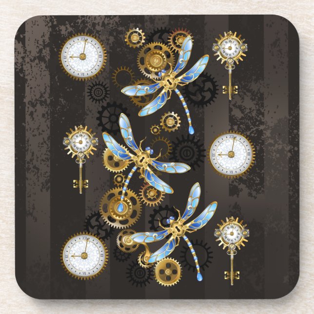 Steampunk Dragonflies on brown striped background Beverage Coaster (Front)