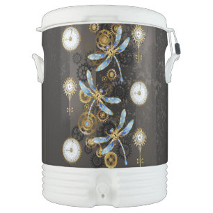 Steampunk Dragonflies on brown striped background Beverage Cooler