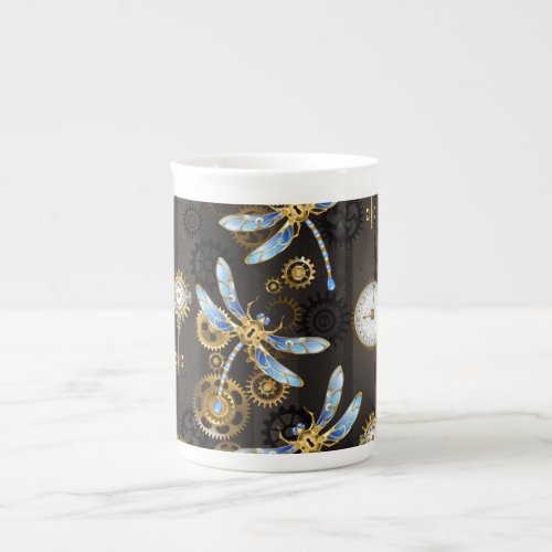 Steampunk Dragonflies on brown striped background Bone China Mug