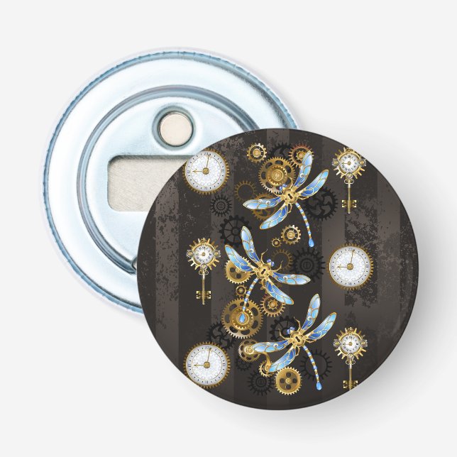 Steampunk Dragonflies on brown striped background Bottle Opener (Front)