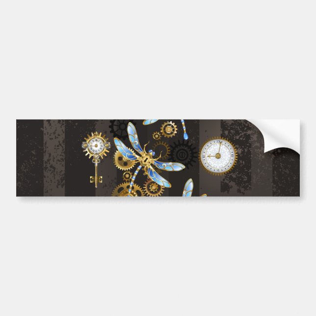 Steampunk Dragonflies on brown striped background Bumper Sticker (Front)