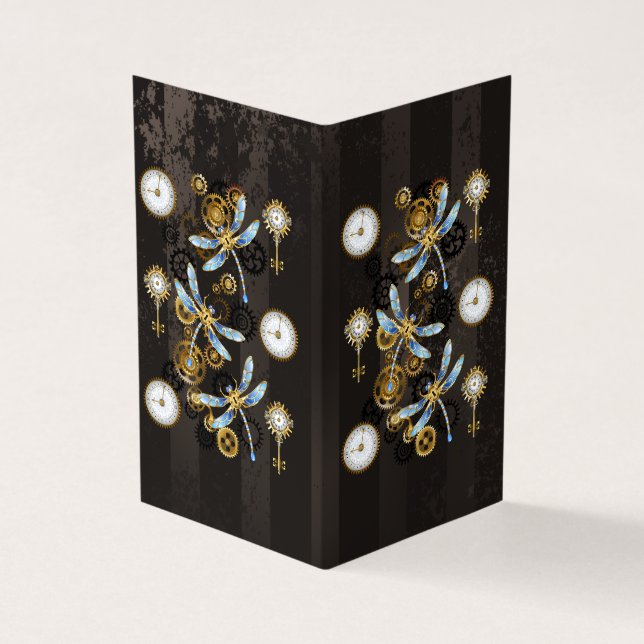 Steampunk Dragonflies on brown striped background Business Card (Outside)