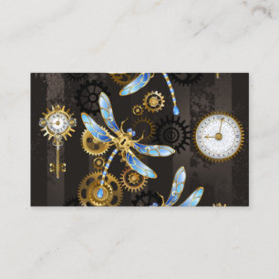 Steampunk Dragonflies on brown striped background Business Card
