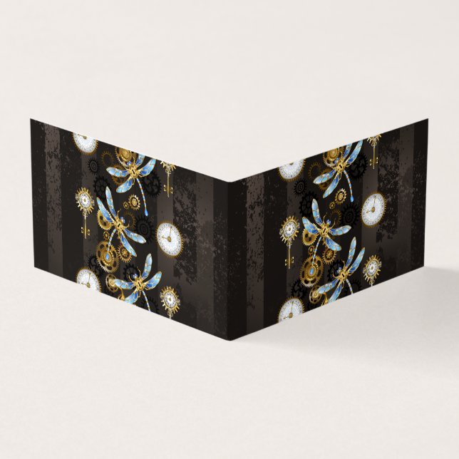 Steampunk Dragonflies on brown striped background Business Card (Outside)