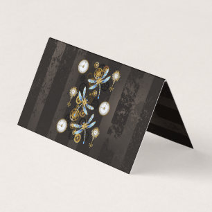 Steampunk Dragonflies on brown striped background Business Card